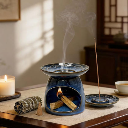 Palo Santo Incense Holder, 3-in-1 Handcrafted Ceramic Sage Burner | Heat-Resistant Palo Santo Burner for Stick & Cone with Detachable Lotus Stick Tray for Meditation Home Decor Gift