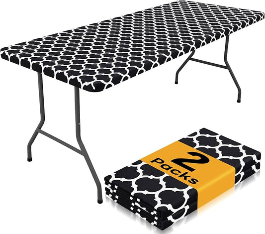 Smiry 2 Pack Rectangle Table Cloth 5 Foot, Waterproof Elastic Fitted Tablecloths, Windproof Washable Polyester Table Cover for Picnic, Camping, Outdoor (Black, 30"x60")
