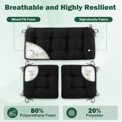 Outdoor Wicker Chair Cushions, 44×19×4 in, Waterproof, Black | Waterproof Wicker Furniture Cushions, Fade Resistant, 3 Piece Patio Furniture Cushions Set for Bench, Loveseat, Swing, Settee
