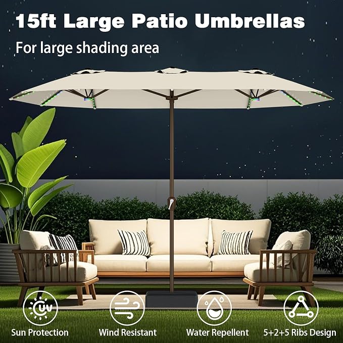 AreShark 15FT Large Rectangular Patio Umbrella with Solar Lights, Off-White | Rectangle Lighted Outdoor Umbrella with Crank, Double-Sided Market Umbrella with Base for Porch, Lawn, Pool, Backyard