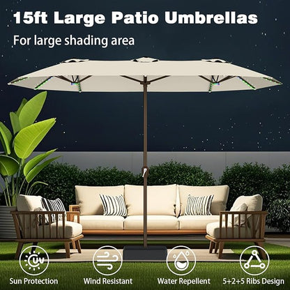 AreShark 15FT Large Rectangular Patio Umbrella with Solar Lights, Off-White | Rectangle Lighted Outdoor Umbrella with Crank, Double-Sided Market Umbrella with Base for Porch, Lawn, Pool, Backyard