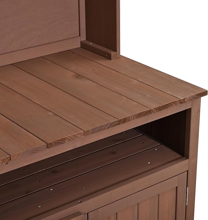 Merax 45.3" Large Outdoor Fir Wood Potting Bench with Storage, Multi-Functional Patio Kitchen Island with 6-Shelf Hutch+2 Cabinets+2 Drawers+3 Hooks, Garden Workstation for Planting, Gardening, Brown