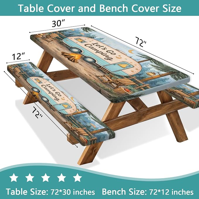 Fitted Picnic Table Cover with Bench Covers and Bag, Forest RV Campfire Tent Waterproof Windproof Outdoor Tablecloth with Elastic Edges for Indoor & Outdoor, Garden, Camping, 3 PCS 30x72 Inch