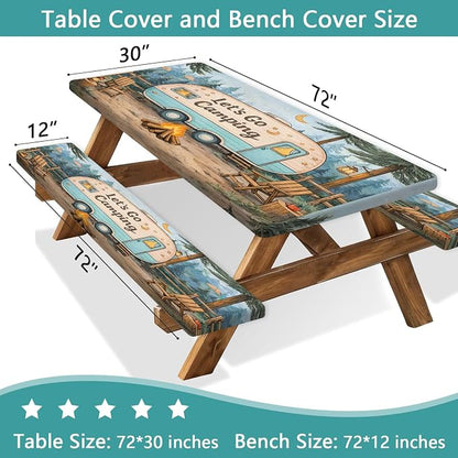 Fitted Picnic Table Cover with Bench Covers and Bag, Forest RV Campfire Tent Waterproof Windproof Outdoor Tablecloth with Elastic Edges for Indoor & Outdoor, Garden, Camping, 3 PCS 30x72 Inch