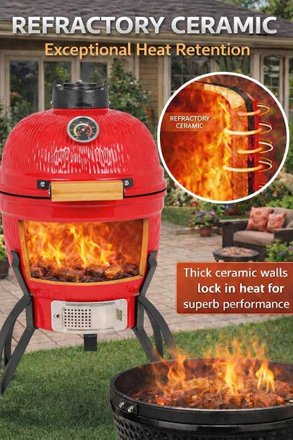 13-in W Kamado Grill with Built-in Thermometer, Oval Grill with Cast Iron Grates, Bamboo handle, Portable Ceramic Grills with Low Stand for Backyard, Patio, Deck grilling, Red