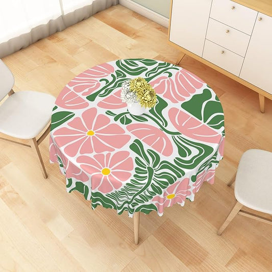 Green Pink Abstract Flowers Round Tablecloth Seasonal Paisley Circle Table Cloth Perfect for Spring Home Decor Indoor Outdoor Washable Wrinkle Free Table Cover for Picnic Camping 70x70 Inch