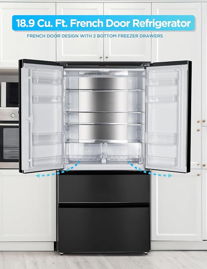 Commercial Cool 18.9 Cu. Ft. French Door Refrigerator, 33 Inch Wide Refrigerator with 2 Bottom Mount Freezer Drawers, Frost Free, LED Lighting, Digital Temperature Control, CCRF1890KB, Black | 33 Inch Wide Refrigerator with 2 Bottom Mount Freezer Drawe...