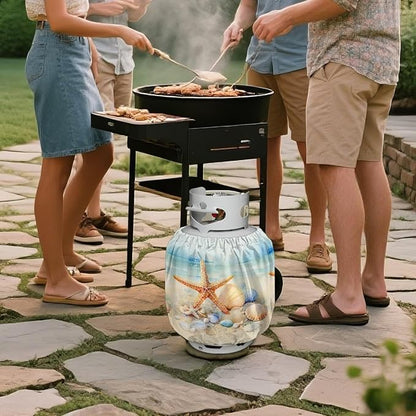 Dual Propane Tank Cover 20lb Gas Tank Cover Outdoor 600D Heavy Duty Waterproof Covers Fits Standard 20 lb Cylinder, 13.7'' x 16.5'' Beach Shell
