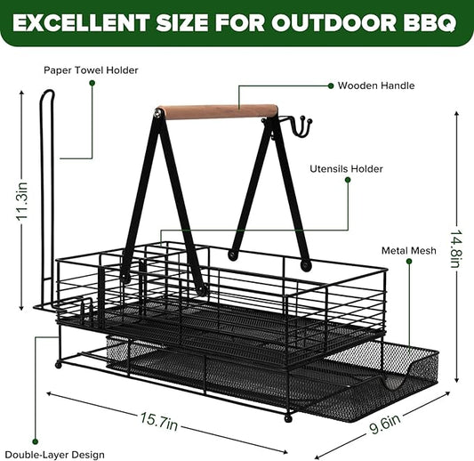 Grill Caddy, BBQ Caddy with Paper Towel Holder, Blackstone Griddle Organizer, Plate and Utensil Holder Organizer for Outdoor Grill, Picnic, Camping, Condiment Storage for Kitchen Counter