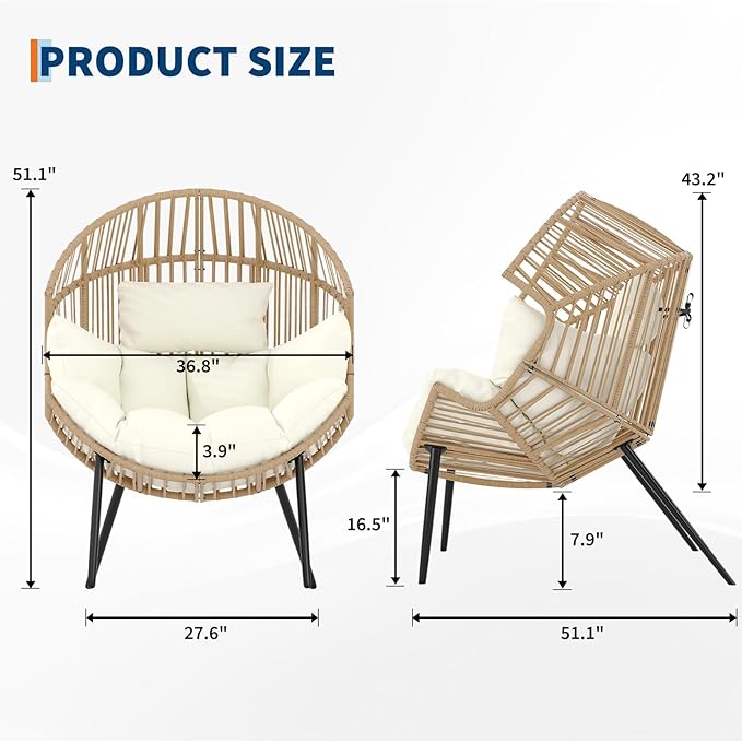 Garvee Outdoor Wicker Egg Chair with Extra-Soft Pillow and Thick Cushion | Oversized Ergonomic Rattan Lounge Rocker for Outdoor & Indoor, Living Room, Backyard & Garden – Cream Cushion, Wicker Frame