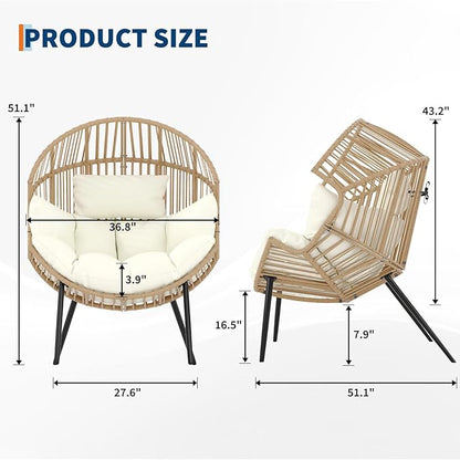 Garvee Outdoor Wicker Egg Chair with Extra-Soft Pillow and Thick Cushion | Oversized Ergonomic Rattan Lounge Rocker for Outdoor & Indoor, Living Room, Backyard & Garden – Cream Cushion, Wicker Frame
