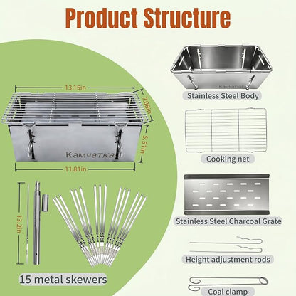 Foldable Stainless Steel Charcoal BBQ Grill with 15 Metal Skewers | Small Camping Barbecue Grill for 1‑3 People, Perfect for Making Kabobs at Garden, Beach, Picnic & Tabletop Gatherings