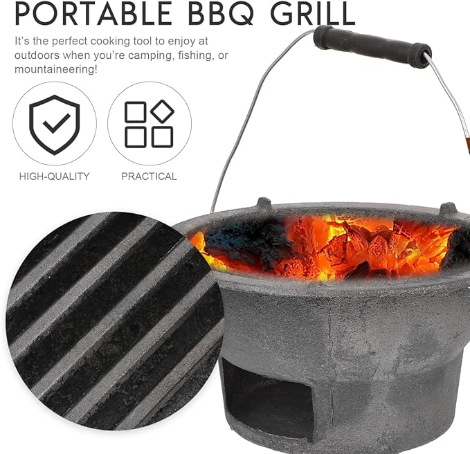 DOITOOL Cast Iron Charcoal Hibachi Grill, Portable Picnic Charcoal Stove for Outdoor Camping Barbecue Cooking, Small Round Burning Brazier Coal Stove for Cooking (Top Diameter: 8.26inches)