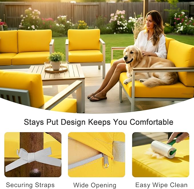 NettyPro Patio Chair Seat Cushion Covers Set 4, Waterproof Outdoor Furniture Cushion Slipcovers with Zipper and Tie, 24 x 24 x 4 Inch, Replacement Cover Only, Yellow