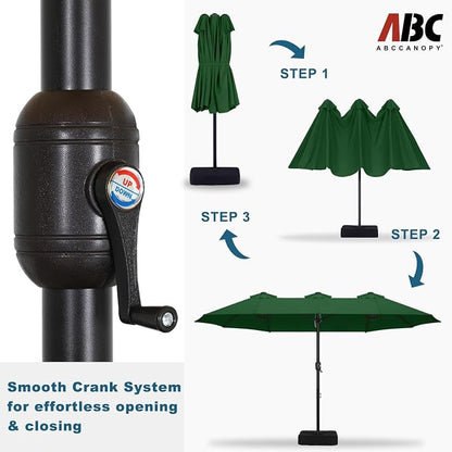 ABCCANOPY 15FT Double-Sided Rectangle Patio Umbrella with Base, Green | Rectangular Outdoor Table Umbrella with Crank, Heavy Duty Market Umbrella Shade for Garden,Poolside, Lawn, Backyard