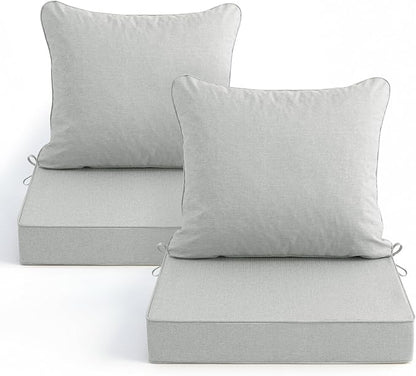 Summsun Patio Cushions for Outdoor Furniture, Faux Linen Water Resistant Backrest and Seat Cushion Set with Non-Slip Bottom, Straps, Removable Cover, 19 x 19 Inch, Light Grey, Set of 2