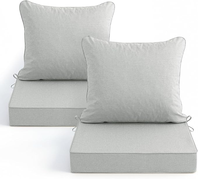 Summsun Patio Cushions for Outdoor Furniture, Faux Linen Water Resistant Backrest and Deep Seat Cushion Set with Non-Slip Bottom, Ties, Removable Cover, 22 x 22 Inch, Light Grey, Set of 2