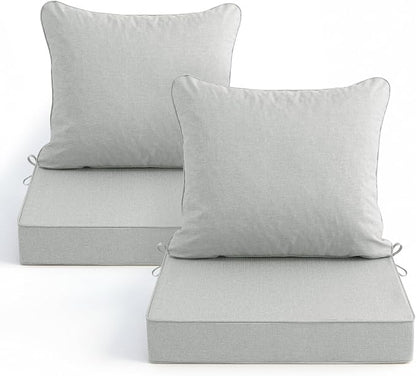 Summsun Patio Cushions for Outdoor Furniture, Faux Linen Water Resistant Backrest and Deep Seat Cushion Set with Non-Slip Bottom, Ties, Removable Cover, 24 x 24 Inch, Light Grey, Set of 2