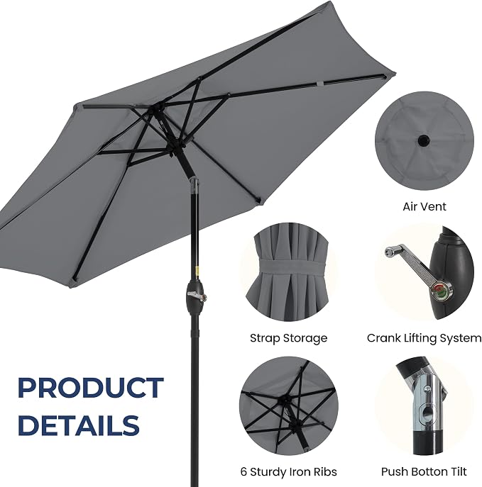 Wisteria Lane Outdoor Patio Umbrella, 7.5' Patio Umbrella, Market Umbrella, Large Outdoor Umbrella, Metal Pole Umbrella with Push Button Tilt and Crank, Polyester Canopy