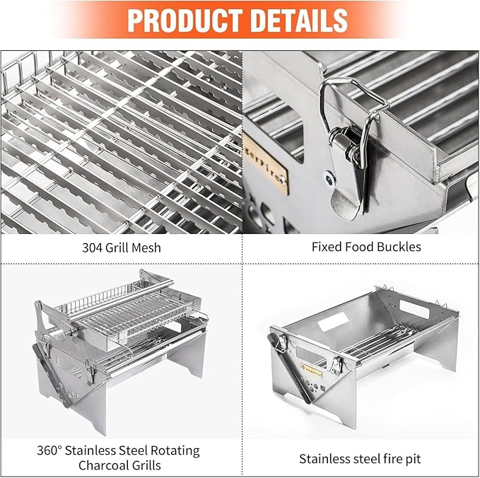 180°x2 Flip Charcoal Grill in 304 Stainless Steel, Detachable & Easy to Assemble, Versatile BBQ for Grilling Fish, Meat, Veggies, Perfect for Backyard Gatherings and Outdoor Adventures