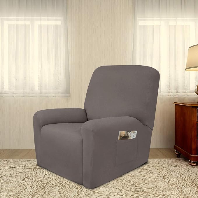 PureFit Stretc Recliner Chair Covers Fleece Soft Couch Covers for Sofa | Taupe 4-Pieces Recliner Slipcover Pocket Couch Protector, Fleece Sofa Cover Washable with Non Slip Elastic Bottom