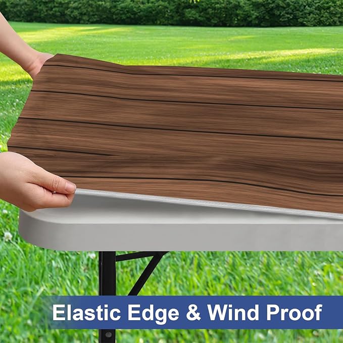 Irisbell Picnic Table Cover with Elastic Edge,6FT Wind Proof Wrinkleproof Fitted Tablecloth Cover Camping Beach Patio Rectangle Table Cloth for Indoor Outdoor (Wooden Grain, 30'' x 72'')