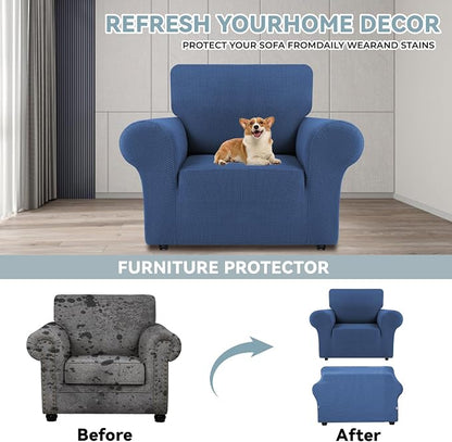 LURKA Stretch Chair Cover for Sofa, 1 Piece Armchair Slipcover, Blue | Soft Stretch Jacquard, Fits 31"-55" Armchairs, Elastic Bottom for Secure Fit, Machine Washable, Pet & Kid Friendly