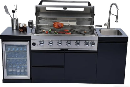 82" 6-Burner 85000 BTU Deluxe Outdoor Kitchen Island,304 Stainless Steel Modular Propane BBQ Grill Combination With Storage Cabinet, Refrigerator and Sink for Backyard (82"-Black&Sivler, Propane Gas)