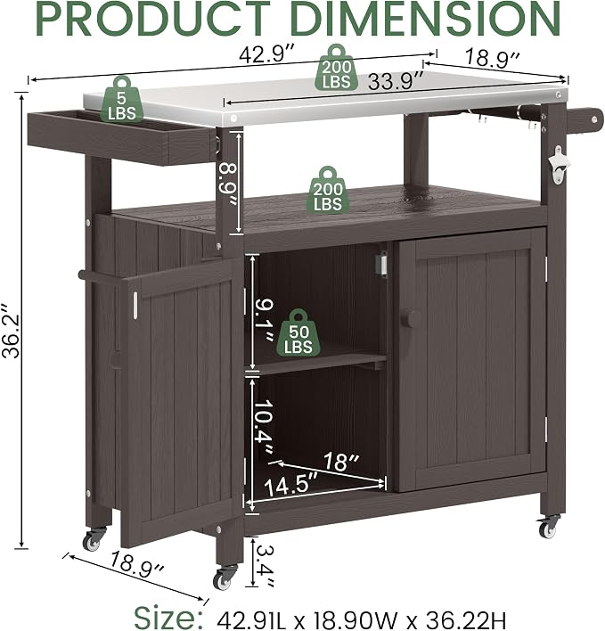 Weatherproof HIPS Outdoor Kitchen Island with Stainless Steel Top & Storage Cabinet, Movable Prep Table with Wheels for BBQ Food Prep, Outdoor Grill Cart for Parties, Cocoa Brown
