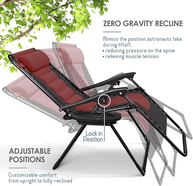 Nestl Padded Oversized Zero Gravity Chair, XL Folding Outdoor Lounge Chair | Adjustable Headrest, Cup Holder & Side Tray, Support 330 LBS, Reclining & Foldable, For Patio Beach & Camping, Black/Burgundy