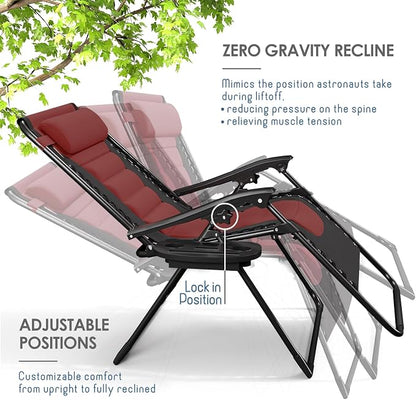 Nestl Padded Oversized Zero Gravity Chair, XL Folding Outdoor Lounge Chair | Adjustable Headrest, Cup Holder & Side Tray, Support 330 LBS, Reclining & Foldable, For Patio Beach & Camping, Black/Burgundy