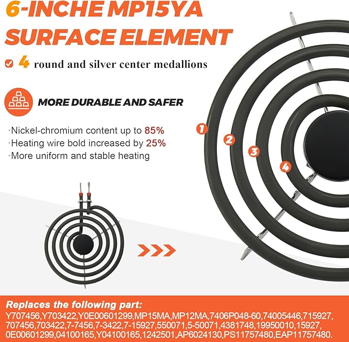 【2026 UPGRADED】 MP22YA Electric Range Burner Element Unit Set - Replacement for Ken-more Whirlpool May-tag Hardwick Norge Ranges/Stoves - Include 2 pcs MP15YA 6" and 2 pcs MP21YA 8" by Beaquicy