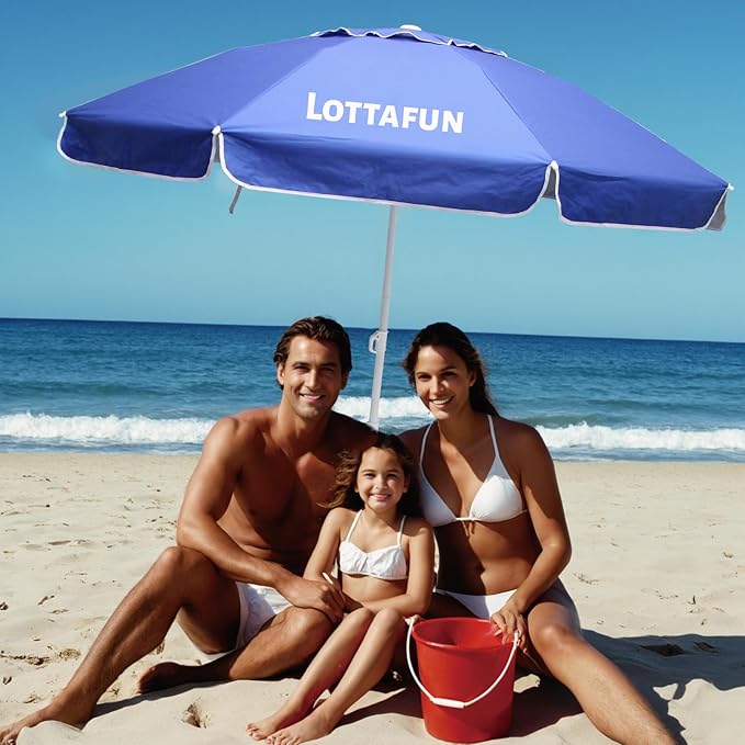 LOTTAFUN 6ft Beach Umbrella - Heavy Duty Wind Resistant UV 50+ Portable Sun Shade with Sand Anchor & Carry Bag, Outdoor Folding Umbrella for Beach, Pool, Patio, Garden (Dark Blue) No Tilt The sand needs to exceed the spiral 6inch