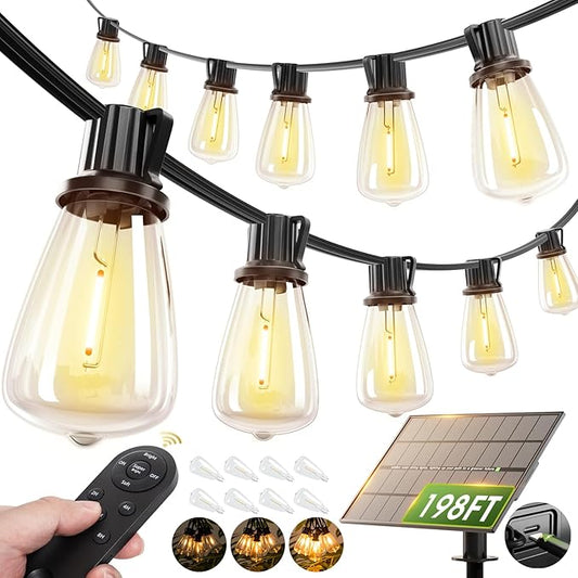 addlon 198(192+6) FT Solar String Lights Outdoor Waterproof with Remote, 96+8 LED Shatterproof Bulbs, Dimmable & Timable, Solar Lights Outdoor, Patio Lights for Garden,Backyard,Party,Camping Decor