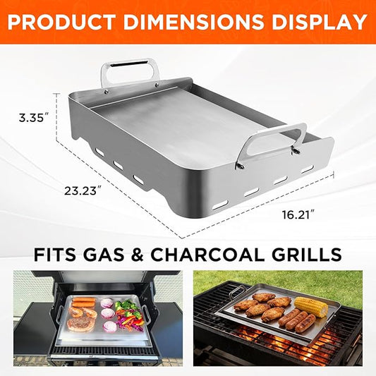 23" x 16" Stainless Steel Flat Top Griddle for Gas & Charcoal Grills, Universal Design for Outdoor & Home Cooking, with Grease Groove & Removable Handle, Ideal for Tailgating & Backyard Parties