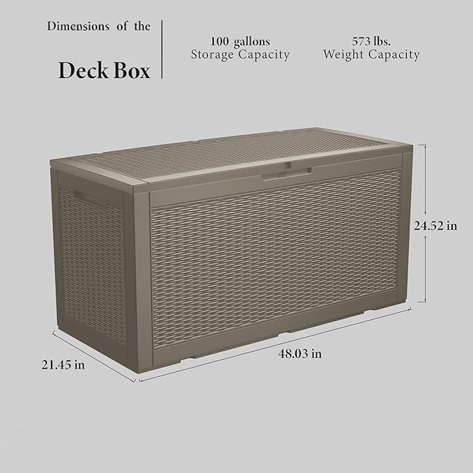 Outdoor Storage Box, 110 Gallon Resin Deck Box Waterproof for Patio Furniture, Garden Tools and Pool Accessories, Lockable UV-Resistant Storage Bin Bench Cabinet for Outside, Grey