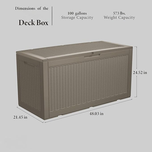 Outdoor Storage Box, 110 Gallon Resin Deck Box Waterproof for Patio Furniture, Garden Tools and Pool Accessories, Lockable UV-Resistant Storage Bin Bench Cabinet for Outside, Grey