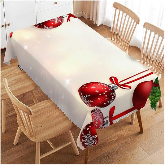 Swono Christmas Table Cloth Christmas Fir Twigs Red Balls Rectangle Tablecloth Picnic Tablecloth BBQ Table Cloths Polyester for Kitchen 50x72 Inch