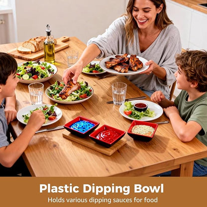 30-Piece Black & Red Square Plastic Dipping Bowl Set, 2.91 in Stackable Soy Sauce Dishes with Square Design for Kitchen & Restaurant, Easy to Clean & Long-Term Use