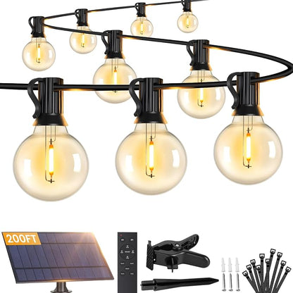 Brightever G40 Solar String Lights Outdoor with Remote, 200FT 72+2 LED Shatterproof Bulbs, Dimmable & Timable, 3 Lighting Modes, Waterproof Solar Power Outdoor Lights for Patio, Market, Wedding