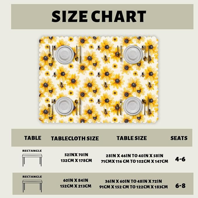 Summer Table Cloth Rectangle Tables Yellow Sunflower Bumble Bee White Fall Rectangle Table Cover Anti-Oil Tablecloth for Dining Tables, Parties, Wedding and Banquet Decoration 52" x 70" 4-6 Seats