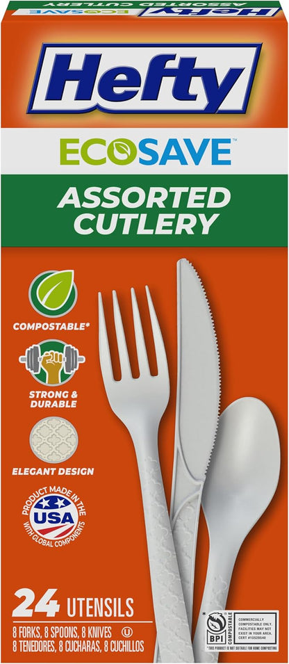 Hefty ECOSAVE Compostable Assorted Cutlery Set, 8 Forks, 8 Spoons, 8 Knives | Compostable Disposable Utensils, Ideal for BBQs, Tailgates, Camping, Parties, and More, Strong and Durable, Lattice Design