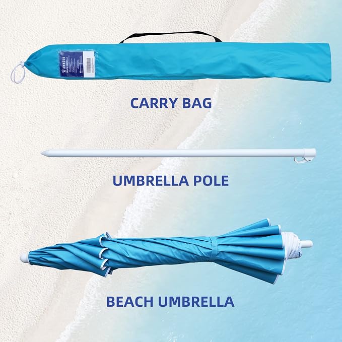 AMMSUN 6.5ft Portable Patio Beach Umbrella for Sand with Tilt, Air Vent | UPF50+ Sun Protection, Windproof Outdoor Umbrellas with Carry Bag, for Patio Beach Garden Pool Backyard, Sky Blue