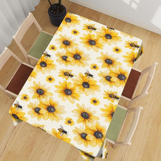 Summer Table Cloth Rectangle Tables Yellow Sunflower Bumble Bee White Fall Rectangle Table Cover Anti-Oil Tablecloth for Dining Tables, Parties, Wedding and Banquet Decoration 52" x 70" 4-6 Seats