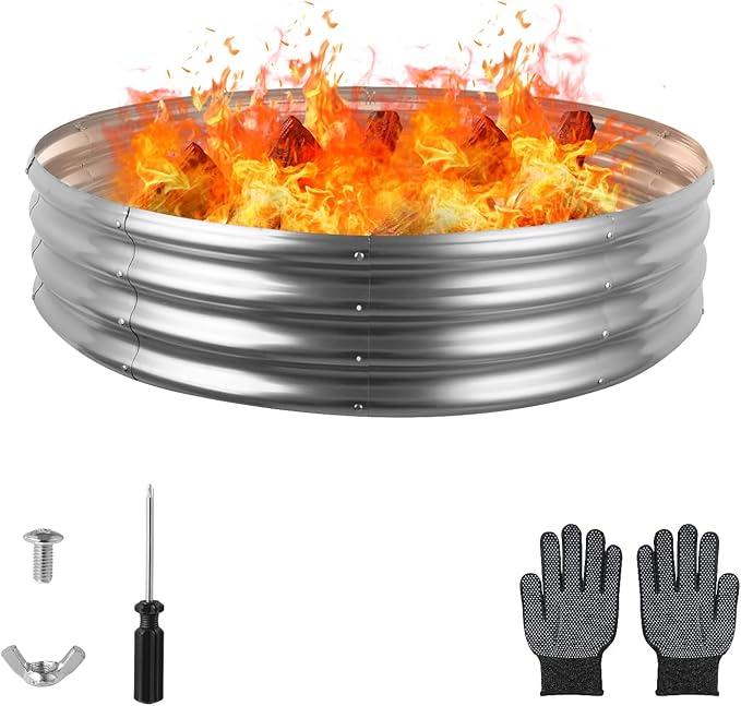 Raynesys 48 Inch Round Galvanized Fire Pit Ring, Silver Round Galvanized Fire Ring, 4 Feet Diameter Fire Pit, Outdoor Pits for Backyard, Camping, Bonfire