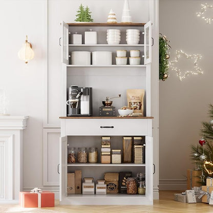 GarveeHome Kitchen Pantry Cabinet, 71 in Tall Kitchen Hutch Storage Pantry with Microwave Stand, Freestanding Buffet with Shelves and Glass Doors for Home Dining Room, White