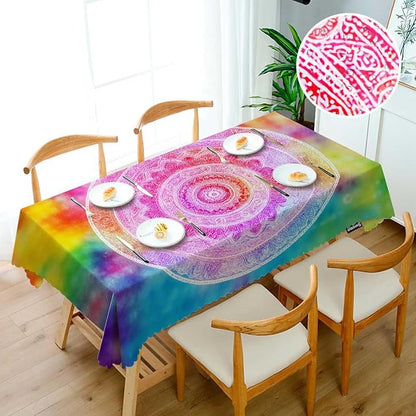 Swono 52x70 Inch Mandala Tablecloth Vintage Mandala Floral Rainbow Tie Dye Farmhouse Dining Table Cloth Anti-Stain Talking Table Cover for Kitchen Dinning Room Coffee Store
