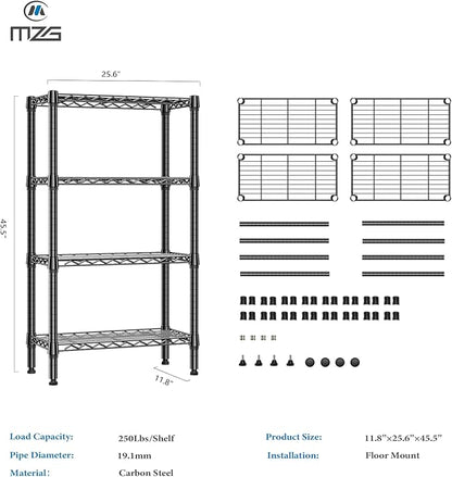 M MZG 1000 lbs 4 Tier Shelf Metal Storage Shelves Wire Rack Closet Organizers for Garage Kitchen Bathroom Laundry Black 11.8" D x 25.6" W x 45.5" H