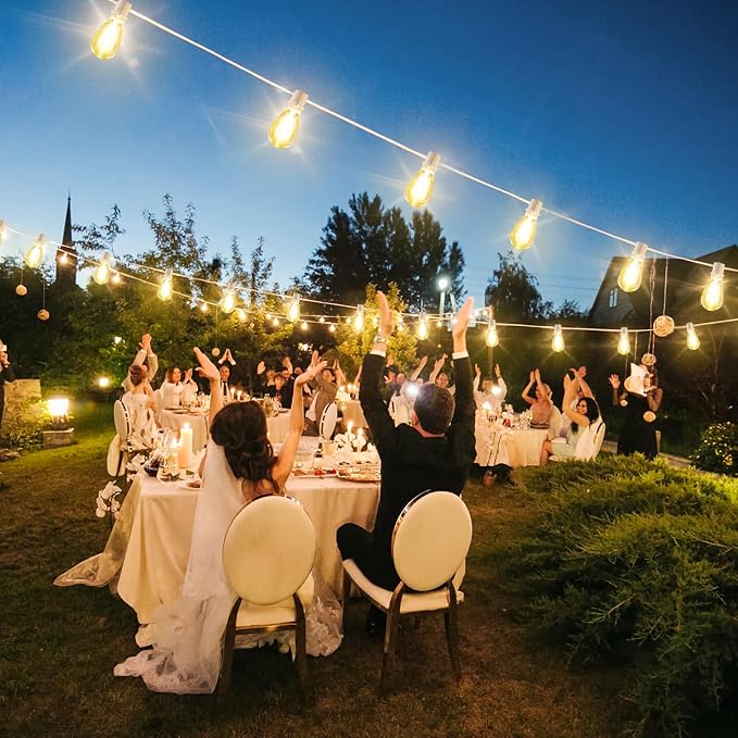 Larkvue 192FT(2x96FT) LED Outdoor String Lights, Linkable Patio Light with 60+3 2700K Waterproof Dimmable Hanging Bulbs for Pergola Cafe Wedding-White