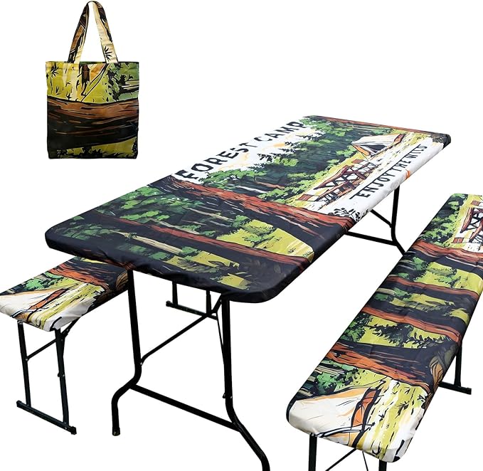 3 Piece Picnic Table Cover with Bench Covers and Bag, Camping Essentials | Outdoor 6ft Table Cover with Elastic Edges, Waterproof Windproof, for Rectangle Tables and Seat for Patio, Forest (30"x72")